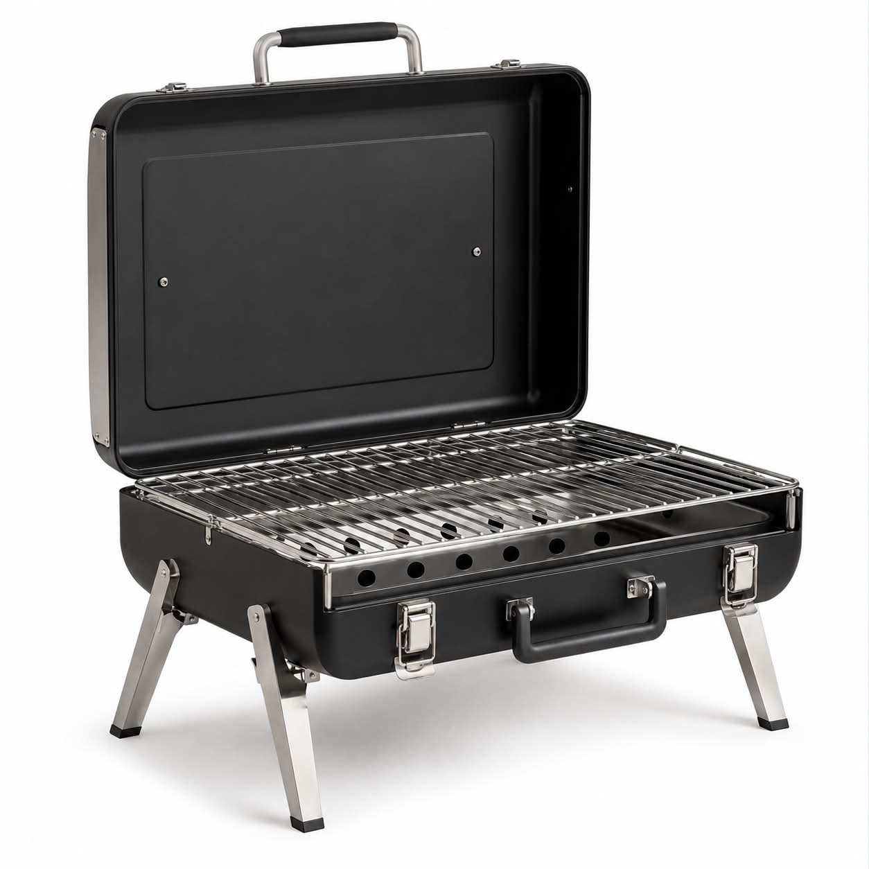 Briefcase BBQ open — premium portable charcoal grill