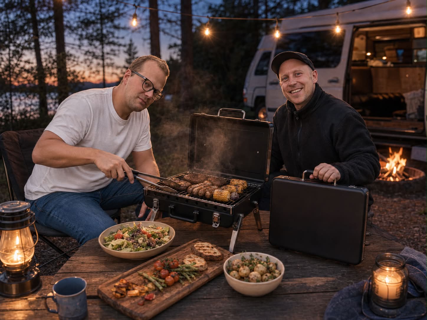 Friends grilling by a lakeside campsite at dusk